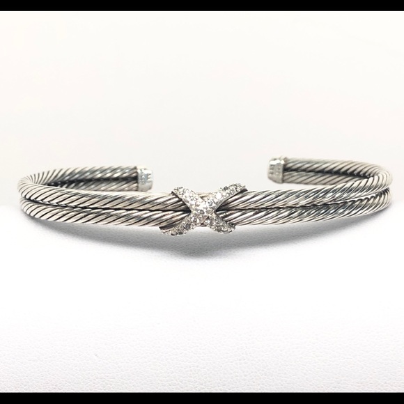 David Yurman Diamond X Double Cable Cuff Bracelet .925 / 18K - Picture 2 of 11